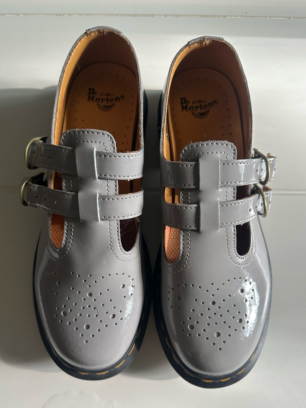 Dr. Martens Woman’s Grey Patent Double-Strap Mary Janes